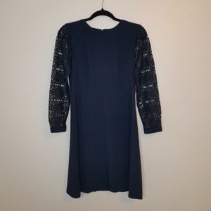 Ann Taylor Loft Flare Dress Navy Crochet Lace Long Sleeves Fit SIZE 6 NWT